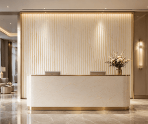 Marble reception desk with gold trim, floral arrangement, and vertical lit decorative wall panels in the background.