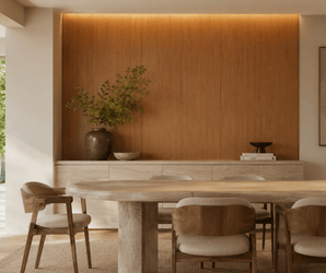 Bamboo charcoal wall panels in a dining room with wooden table, six chairs, and minimalist decor.