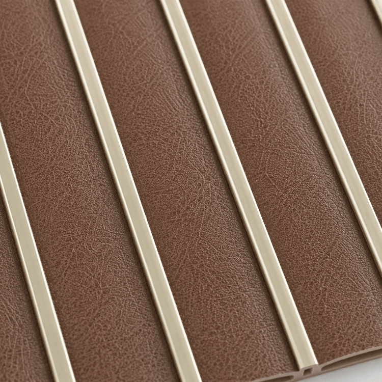 PS decorative wall panel with brown textured surface and four beige vertical strips, evenly spaced.