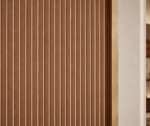PS decorative wall panels with beige border, close-up view of textured wall covering in modern interior setting.