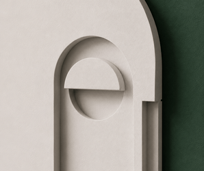 Beige 3D abstract wall art with arch and circle design on an emerald green background.