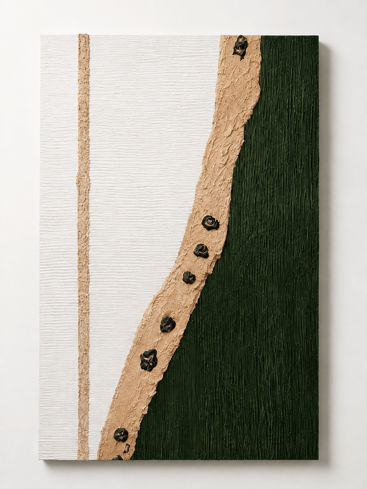 Modern wall art with textured white, beige, and emerald green sections and small black stone accents.