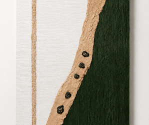Modern wall art with textured white, beige, and emerald green sections and small black stone accents.