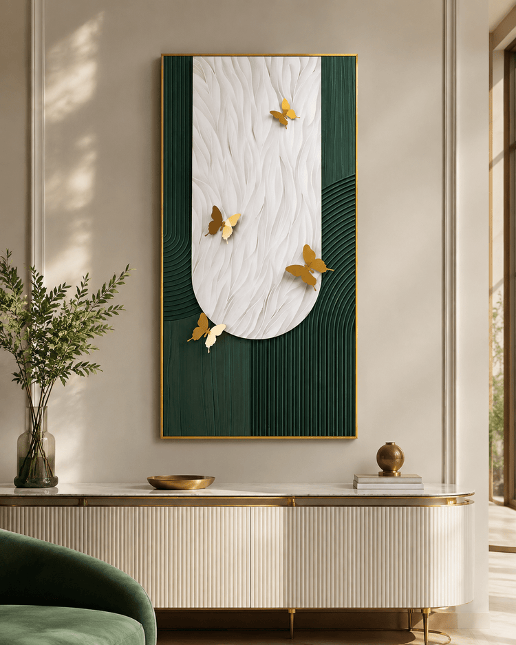 Gold 3D butterfly wall art on green and white background in black frame, displayed above a modern sideboard.
