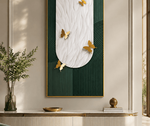 Gold 3D butterfly wall art on green and white background in black frame, displayed above a modern sideboard.