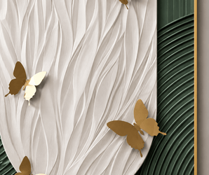 Gold butterflies on emerald green textured wall art with wavy curved patterns, modern 3D butterfly wall decor.