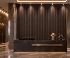 Modern hotel reception with a dark marble desk, a gold lamp, a small plant, and a computer. Behind the desk, the Espresso Chevron PS Wall Panel adds sleek architectural interest. Combined with warm lighting, it creates a luxurious and welcoming atmosphere. No people are present at the desk.