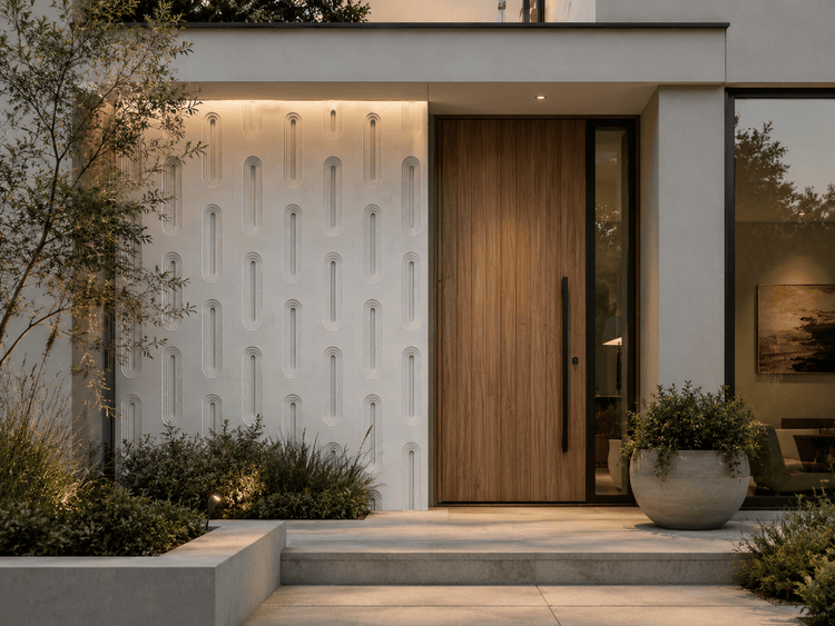 PU stone wall panels on textured white exterior, large wood door, and potted plant at house entry at dusk.