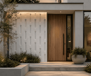 PU stone wall panels on textured white exterior, large wood door, and potted plant at house entry at dusk.