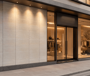 A modern clothing store with large glass windows displays neatly arranged racks of clothes, shelves with bags, and warm lighting. Inside, a stylish feature wall finished in Gold Travertine adds visual interest to the space, complementing the exterior’s smooth, light-colored walls and clean sidewalk.