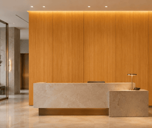 Reception desk with marble finish and bamboo charcoal wood wall panels in a minimalist office lobby.