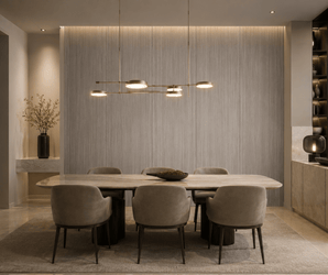 Bamboo Charcoal Board wall decoration in a modern dining room with six beige chairs, wood table, pendant lights.