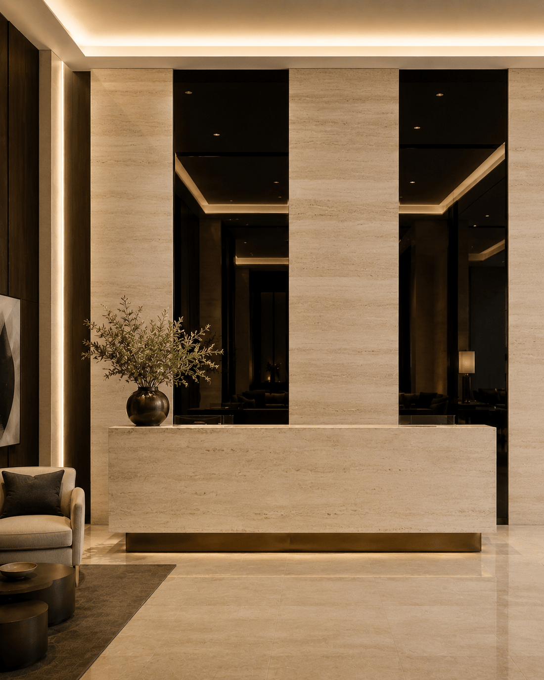 High-gloss black wall panel in a contemporary interior