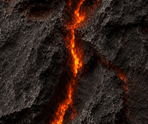PU stone wall panel with dark surface and bright orange molten lava glow visible through a central crack.