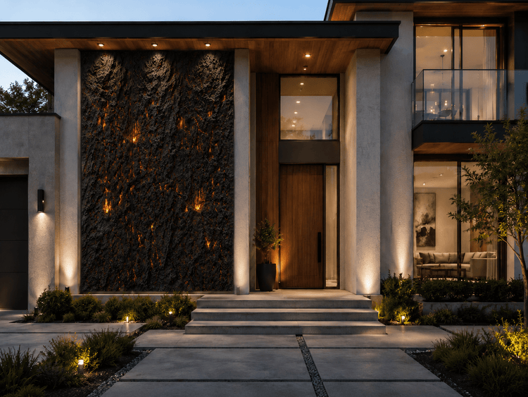 Faux stone wall panels on modern house entrance with wood door, large windows, and warm dusk lighting.