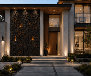 Faux stone wall panels on modern house entrance with wood door, large windows, and warm dusk lighting.