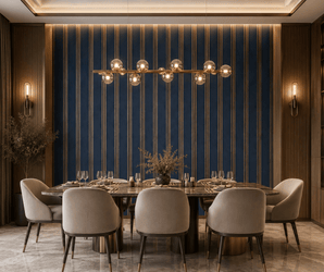 PS Decorative Wall Panels blue accent wall in dining room with modern chandelier and beige chairs.