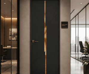 Executive Office interior door in modern office hallway with surrounding glass walls.