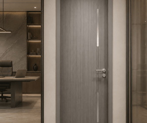 Wallsmark INC Modern Gray Interior Door with silver vertical inlays in office hallway, glass and marble finishes visible.