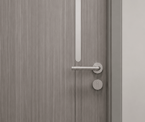 Wallsmark INC Modern Gray Interior Door with silver inlays beside a light grey wall panel and lock.