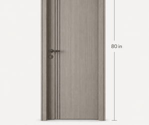 Modern Gray Oak Interior Door with black inlays, 30” x 80”, handle, jamb, and frame for minimalist spaces.
