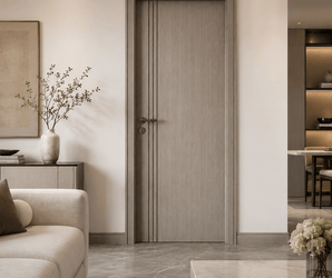 Modern Gray Oak Interior Door with black inlays in a minimalist living room, beige sofa visible nearby.