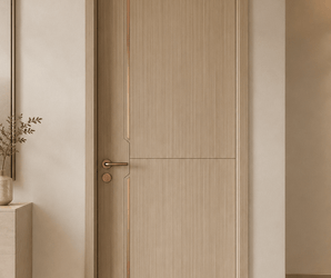 Wallsmark INC Modern Light Oak Interior Door with Bronze Inlay on feature wall next to a small leafy plant.
