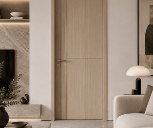 Wallsmark INC Light Oak Door with Bronze Inlay in living room featuring beige sofa, wall panels, and neutral decor.