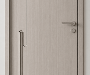 Wallsmark INC Modern Light Oak Interior Door with metallic inlay, horizontal grooves, and metal lever handle.
