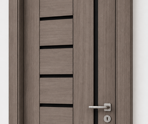 Taupe oak interior door with horizontal panels, vertical glass insert, and silver handle on light background.
