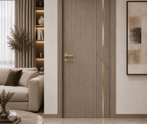 Wallsmark taupe wood door with gold inlay in a living room setting with beige sofa, abstract art, and round coffee table.