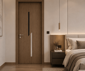 Modern Walnut Interior Door in a bedroom with neutral bedding, nightstand, lamp, plant, and wood floor.