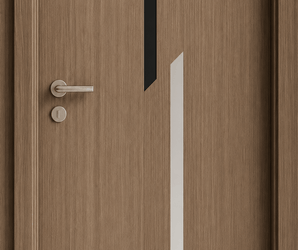 Modern Walnut Interior Door with silver handle and two vertical geometric inlays, wood finish for decorative spaces.