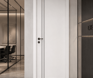 Wallsmark INC Modern White Interior Door with triple black vertical inlays, white finish, in an office hallway.