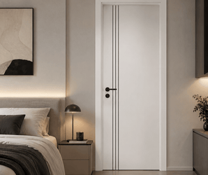 Wallsmark INC white door with triple black inlays in a modern bedroom interior.