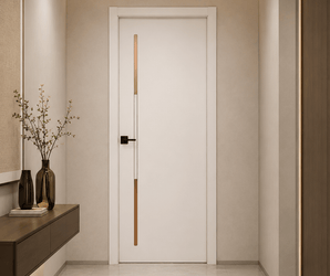 Modern white interior door with beige walls, floating shelf, decorative vases, and warm ambient lighting in hallway.