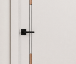 White interior door with vertical wood accents and black handle, minimalist design.