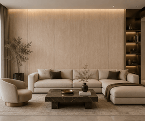 Beige sectional sofa and marble coffee table with textured decorative wall panels in a modern living room.