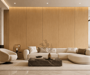 Modern living room with a curved white sofa, marble coffee table, beige armchair, and minimalist décor set against a wooden accent wall featuring the elegant Natural Oak interior wall panel illuminated by warm lighting. A small vase with branches adorns the table.