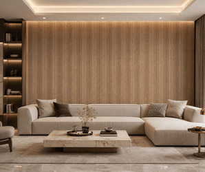 PS decorative wall panels on living room wall with beige sectional and marble table, warm neutral tones throughout.