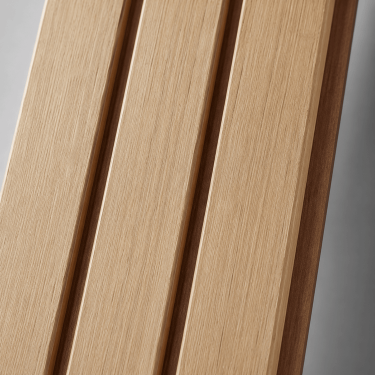 Light-colored accent wall panels with vertical grooves, natural wood grain, and smooth finish shown in detail.