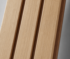Light-colored accent wall panels with vertical grooves, natural wood grain, and smooth finish shown in detail.