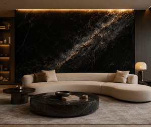WALLSMARK Obsidian Gold Marble accent wall panel behind curved beige sofa and marble coffee table in living room.