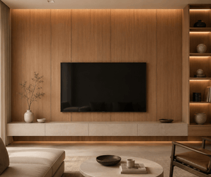 Bamboo charcoal board wall panels in a modern living room with wall-mounted TV, shelves, and minimalist decor.