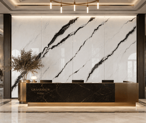 WALLSMARK Panda Noir Marble wall behind black reception desk with potted plant in modern lobby setting.