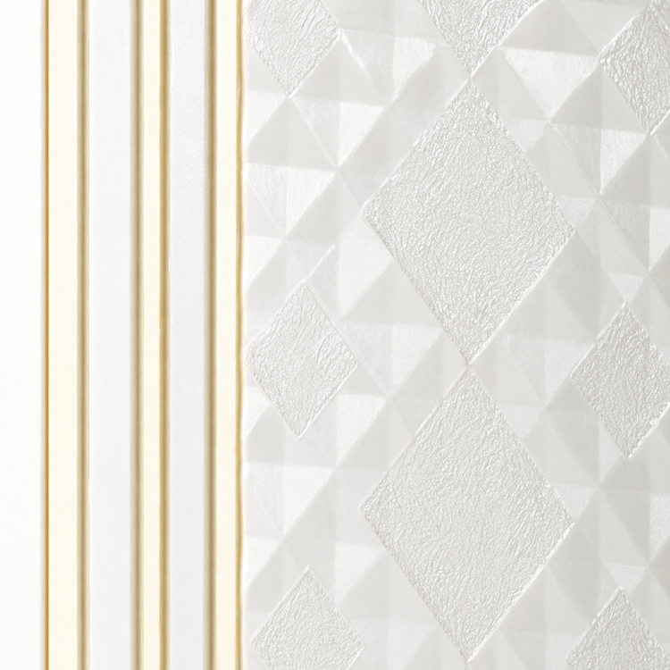 The Pearl Gold Geometric PS Wall Panel features a textured white surface with geometric diamond and triangle patterns adjacent to vertical gold and white lines. Its embossed finish creates a striking three-dimensional effect, offering a modern and elegant minimalist look for interior wall panel designs.