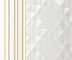 The Pearl Gold Geometric PS Wall Panel features a textured white surface with geometric diamond and triangle patterns adjacent to vertical gold and white lines. Its embossed finish creates a striking three-dimensional effect, offering a modern and elegant minimalist look for interior wall panel designs.