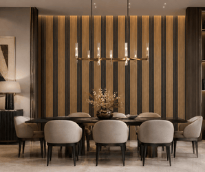 PS decorative wall panels in a modern dining room with beige chairs, dark table, and chandelier lighting.