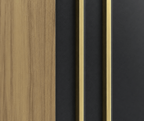 PS decorative wall panels in wood and black finish with gold strips used as modern accent wall cladding.