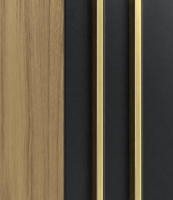 PS decorative wall panels in wood and black finish with gold strips used as modern accent wall cladding.